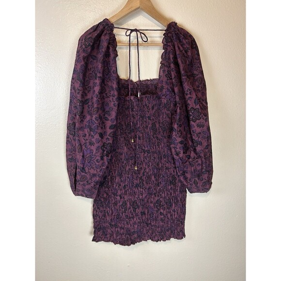 Free People M Smock It To Me Mini Dress Smocked Floral Bodycon Balloon Sleeve - Picture 4 of 7